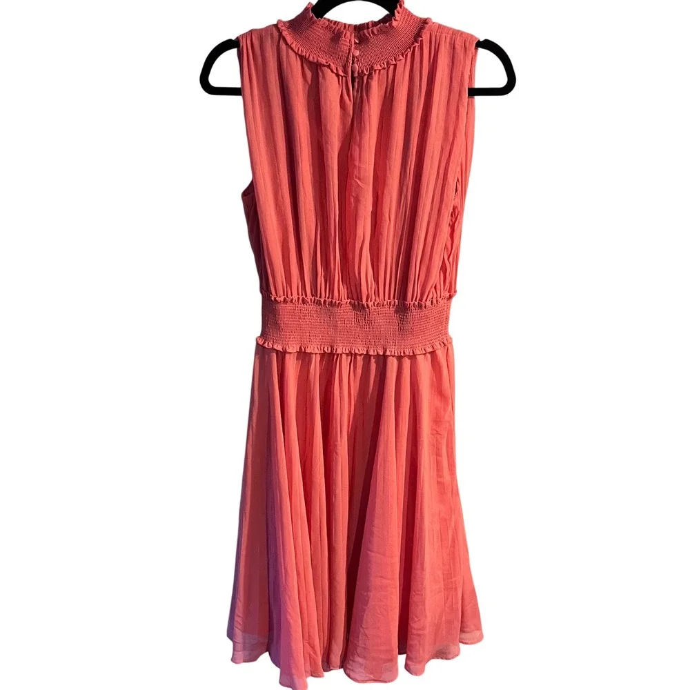 Nanette Lepore Coral Pink Pleated Smocked Waist Mock Neck Midi Dress Size 10